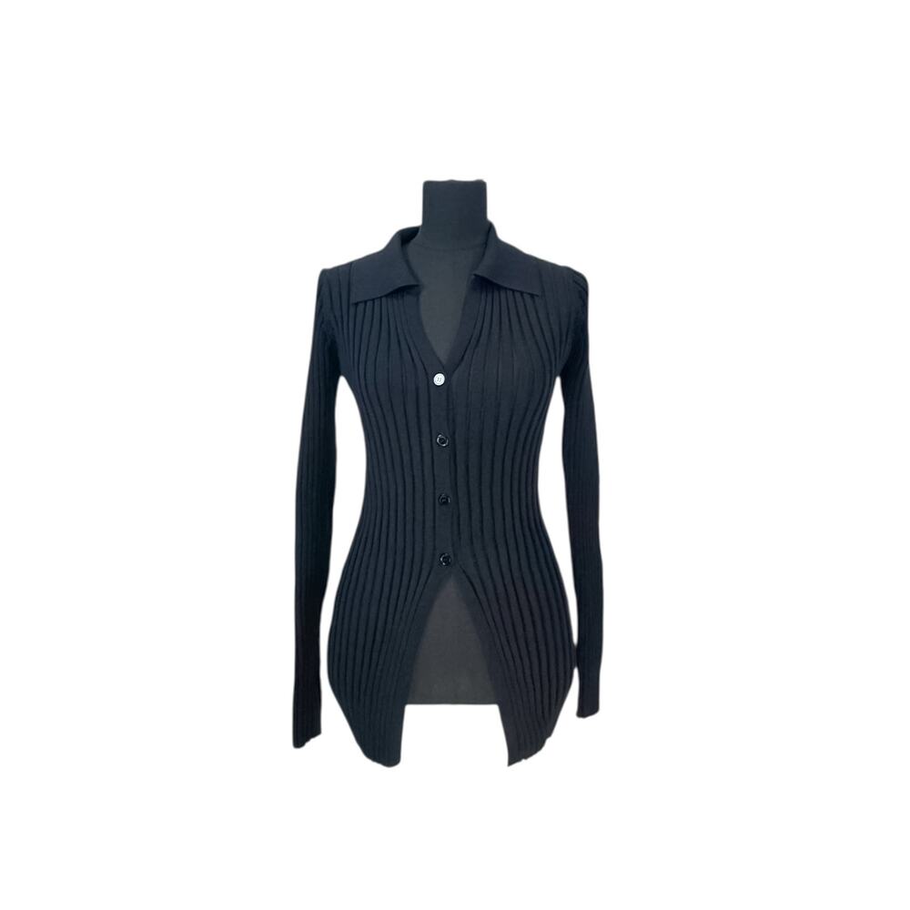 Petal & Pup Black Ribbed Button-Up Knit Dress - M